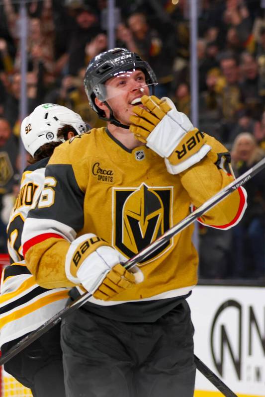 Golden Knights left wing Pavel Dorofeyev (16) celebrates his hat trick during the third period ...
