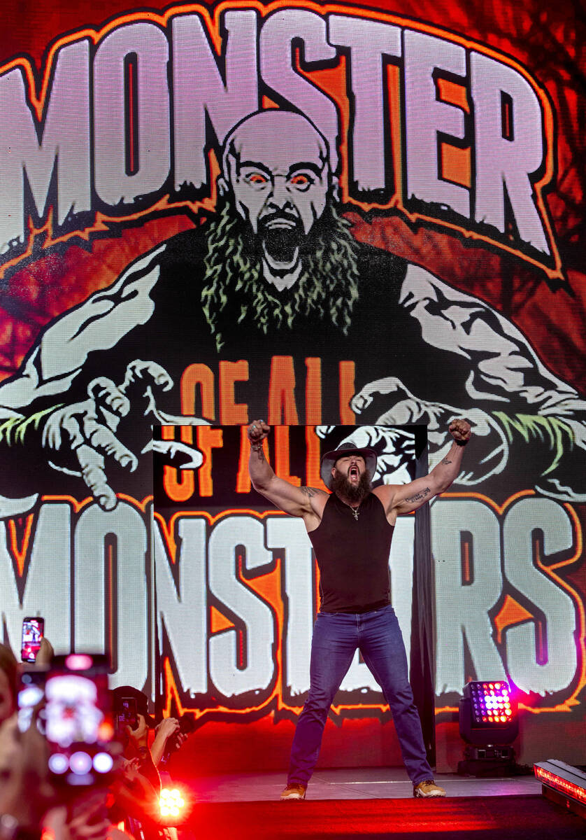 WWE wrestler Braun Strowman arrives on stage as Make-A-Wish and Fanatics team up with the WWE t ...