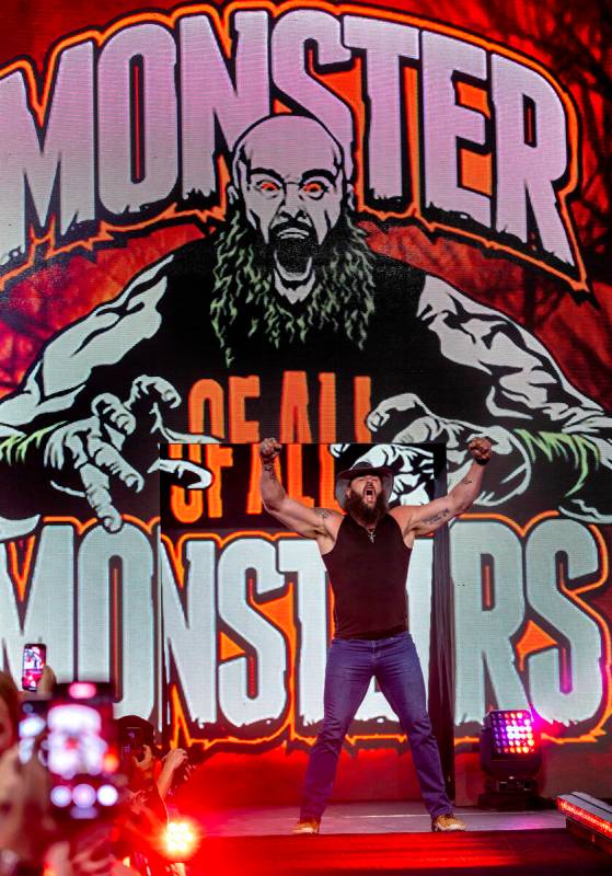 WWE wrestler Braun Strowman arrives on stage as Make-A-Wish and Fanatics team up with the WWE t ...