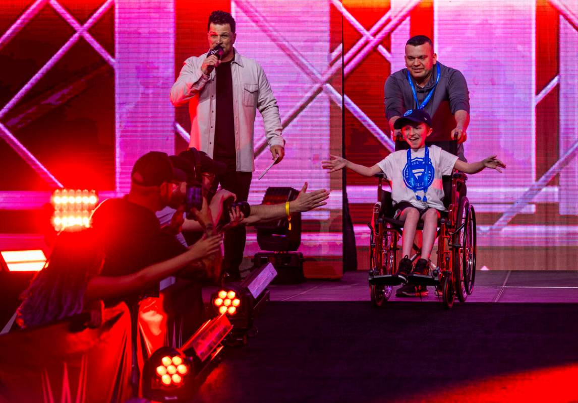 Make-A-Wish kid Jayden "The Jaydenator" Silwa is introduced by announcer Mark Shunock ...