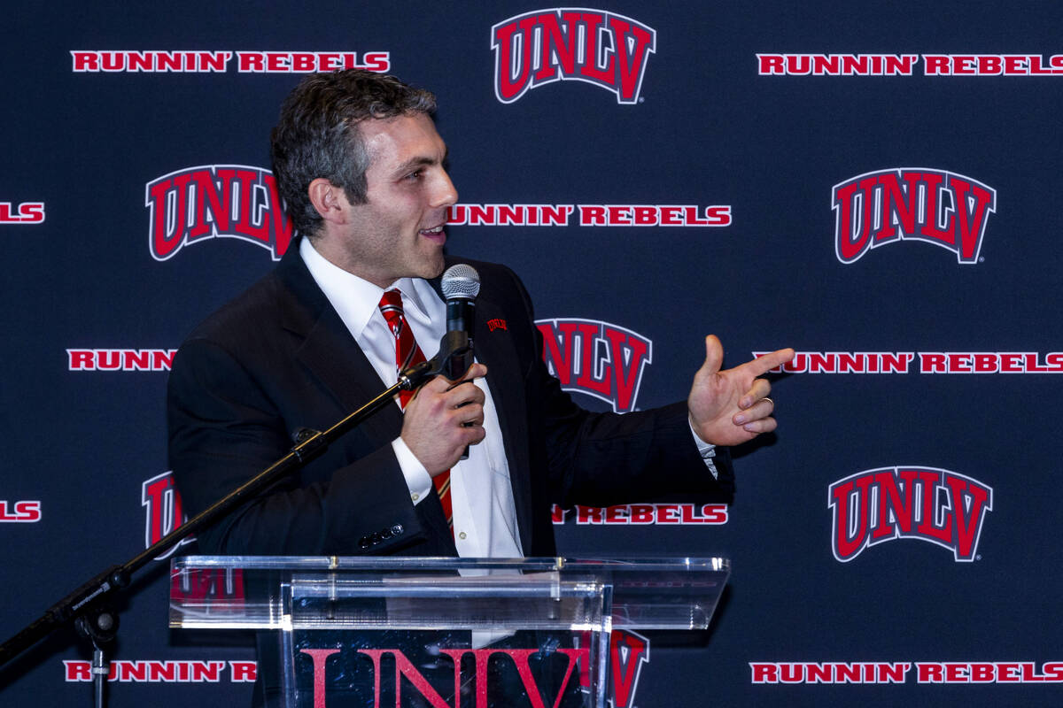 New UNLV men's basketball coach Josh Pastner speaks during and introductory press conference at ...