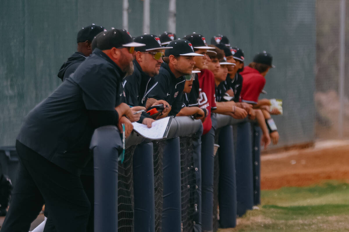 The Desert Oasis dugout watches the baseball game against Spring Valley on Thursday, April 17, ...