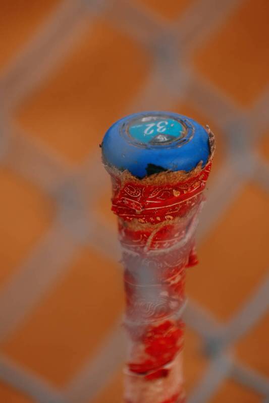 Paisley-patterned tape covers the neck of a bat on the Oasis Desert side of the baseball game a ...