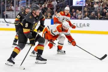 Golden Knights center Jack Eichel (9) looks to attempt a shot during the third period of the NH ...