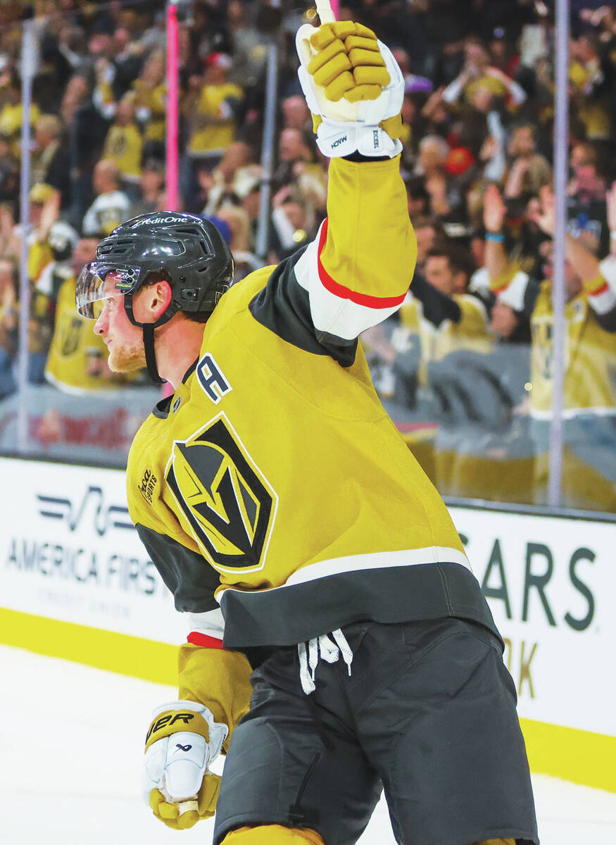 Golden Knights center Jack Eichel (9) celebrates a Golden Knights goal during the Golden Knight ...