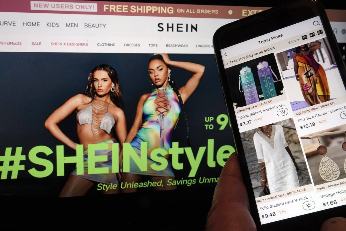 FILE - Pages from the Shein website, left, and from the Temu site, right, are shown in this pho ...