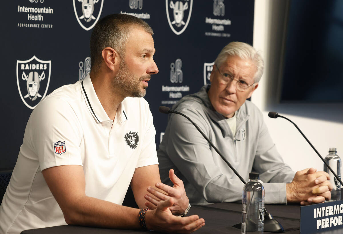 Raiders General Manager John Spytek speaks during the 2025 NFL pre-draft press conference as he ...