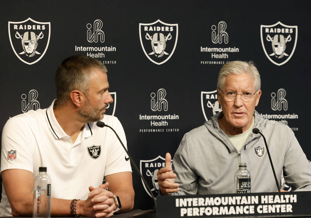 Raiders head coach Pete Carroll speaks during the 2025 NFL pre-draft press conference as Genera ...