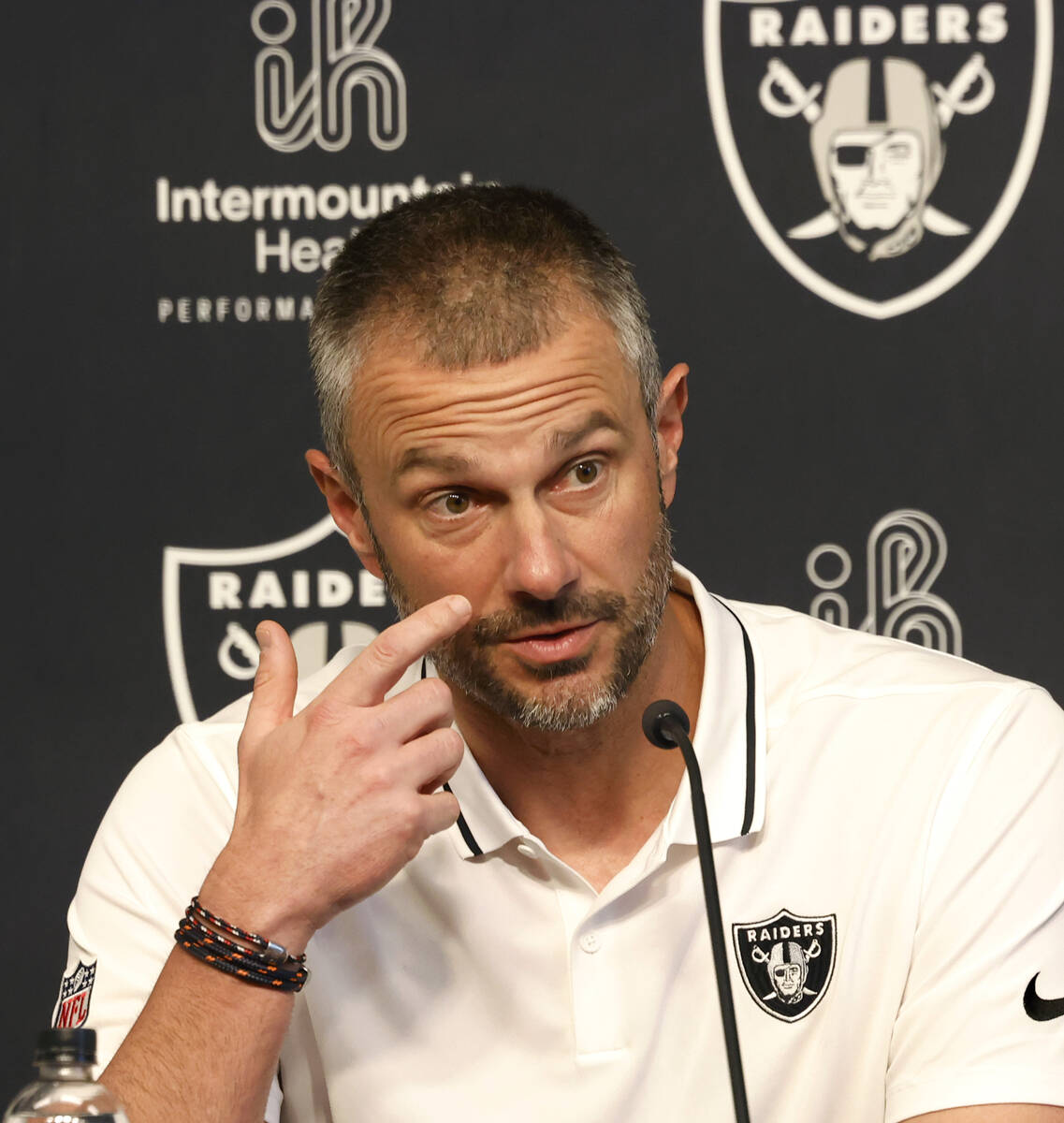 Raiders General Manager John Spytek pauses as he speaks during the 2025 NFL pre-draft press con ...