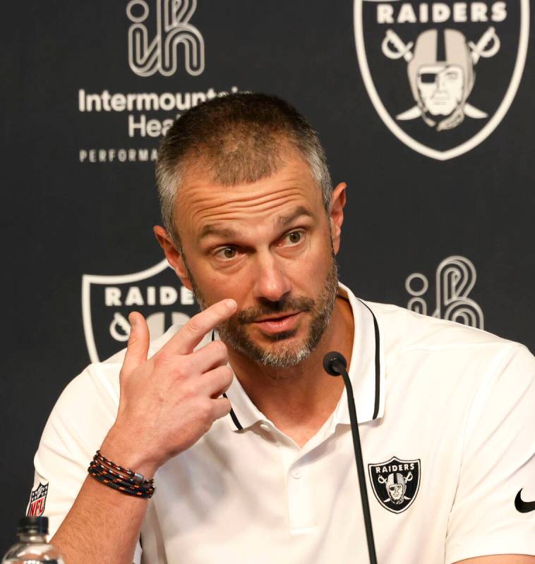 Raiders General Manager John Spytek pauses as he speaks during the 2025 NFL pre-draft press con ...