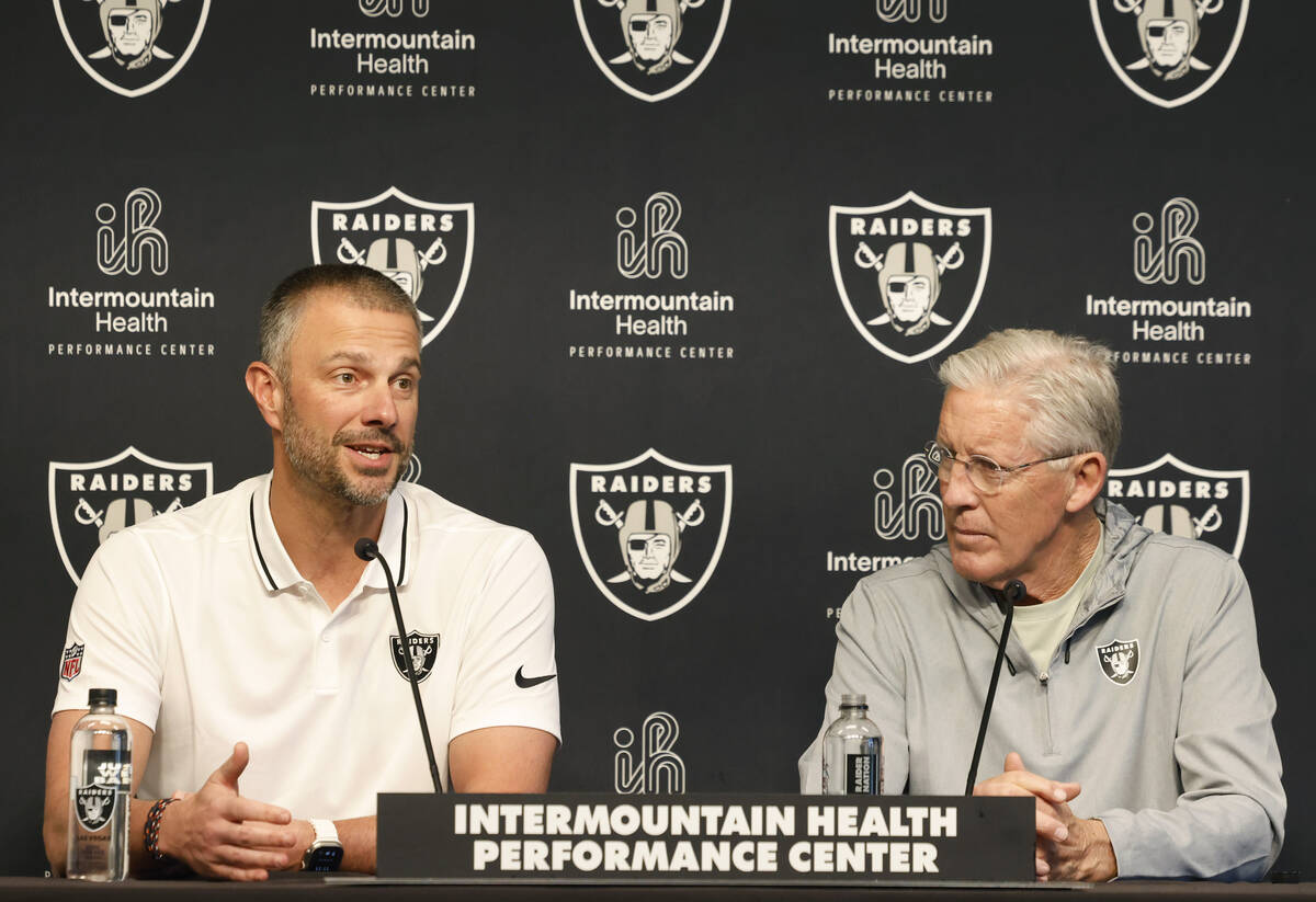 Raiders General Manager John Spytek speaks during the 2025 NFL pre-draft press conference as he ...