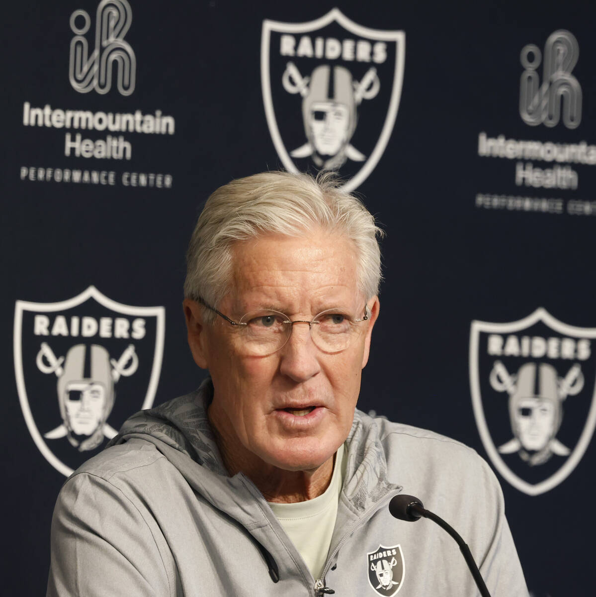 Raiders head coach Pete Carroll speaks during the 2025 NFL pre-draft press conference at the In ...