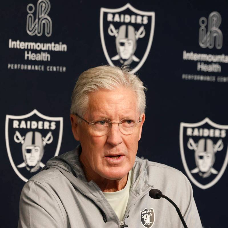 Raiders head coach Pete Carroll speaks during the 2025 NFL pre-draft press conference at the In ...