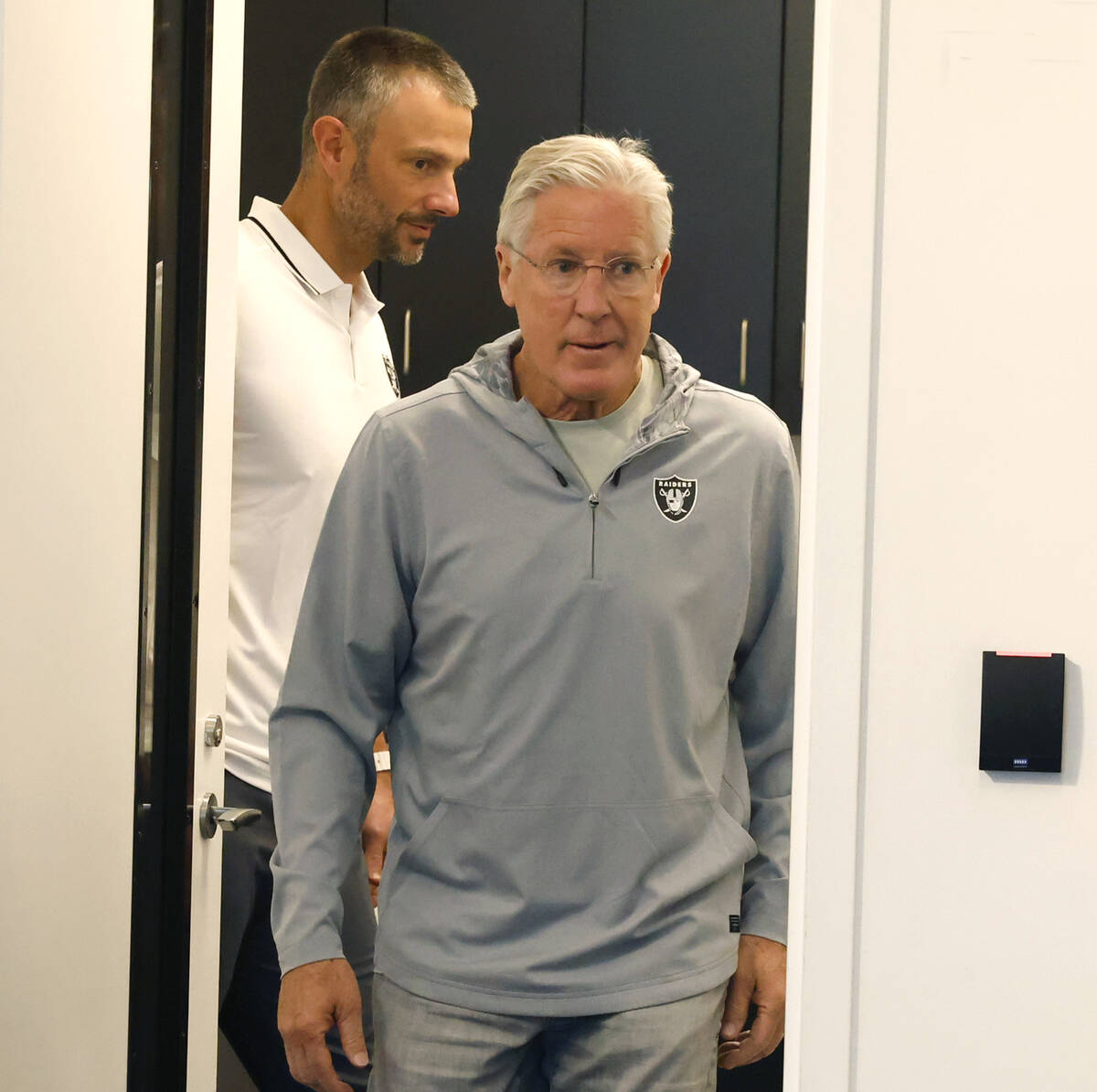 Raiders head coach Pete Carroll and General Manager John Spytek enter a media to speak at the 2 ...