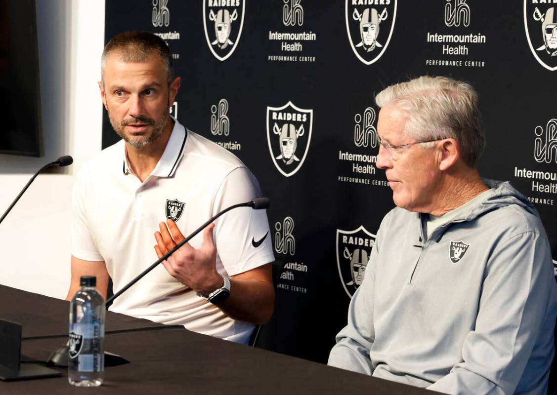 Raiders General Manager John Spytek speaks during the 2025 NFL pre-draft press conference as he ...