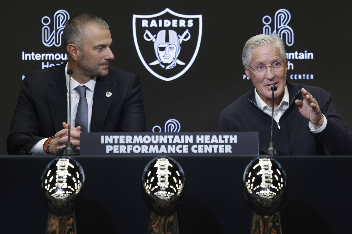 The new Raiders head coach Pete Carroll speaks as new general manager John Spytek looks on duri ...
