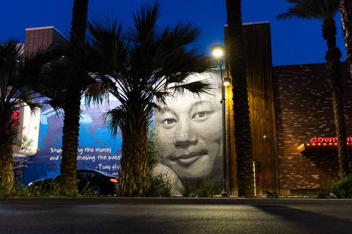 A mural of Tony Hsieh is seen on a commercial building that he owned at at Fremont Street and L ...