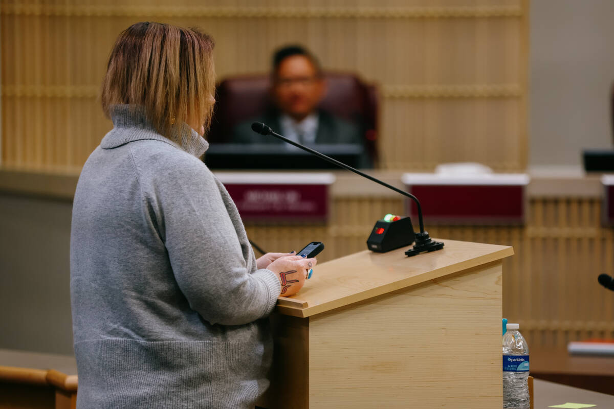Amanda Swartz speaks at a city council meeting on Tuesday, April 1, 2025 at Henderson City Hall ...