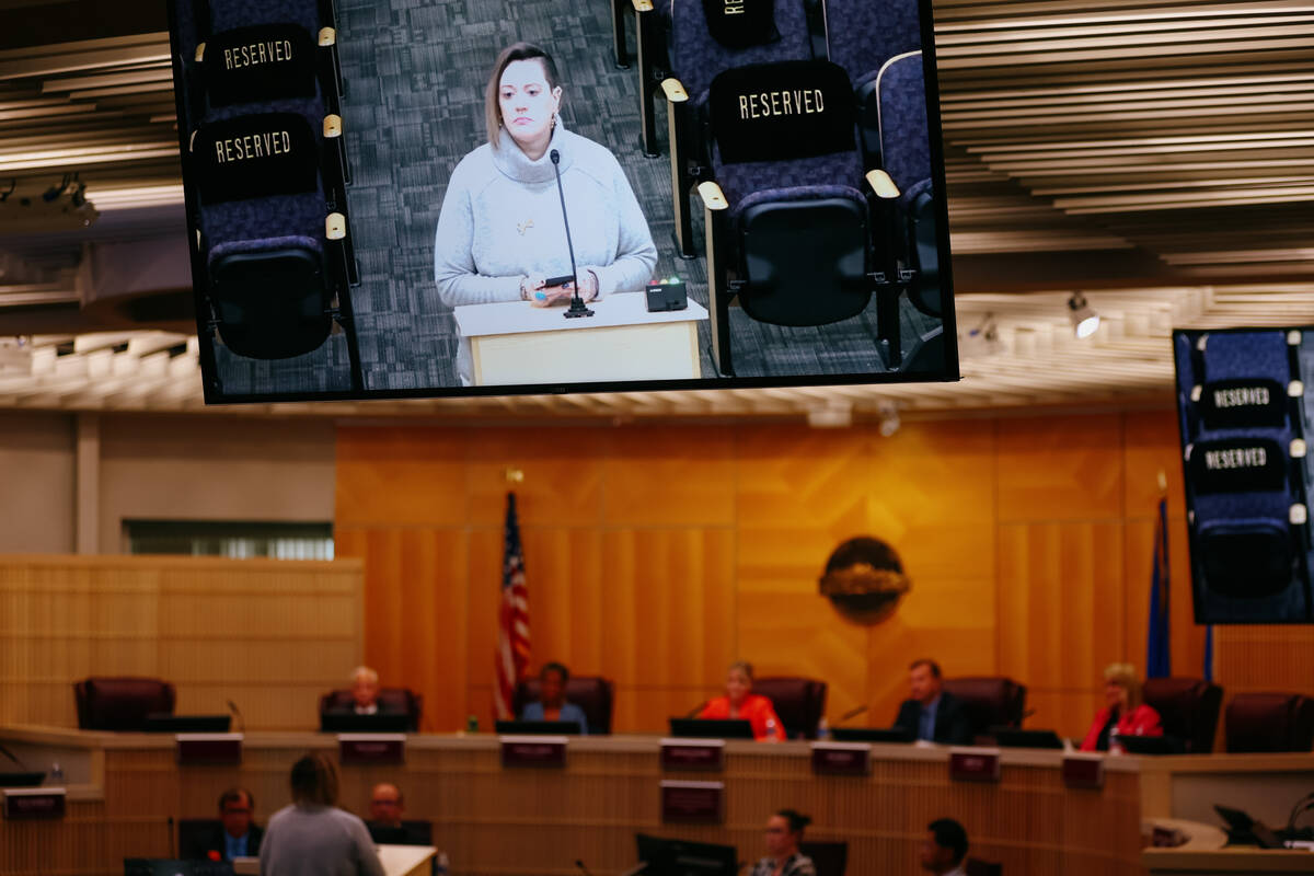 Amanda Swartz speaks at a city council meeting on Tuesday, April 1, 2025 at Henderson City Hall ...