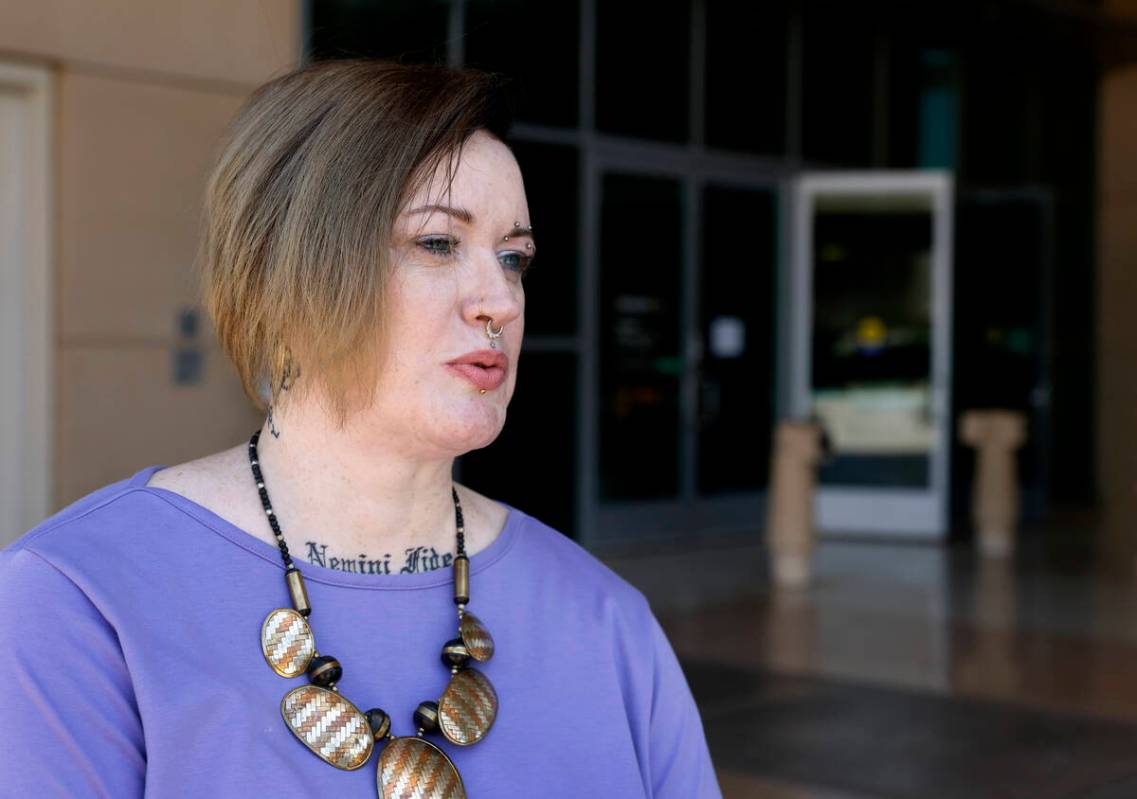 Amanda Swartz, who was recently fired from her volunteer position with Henderson police, speaks ...
