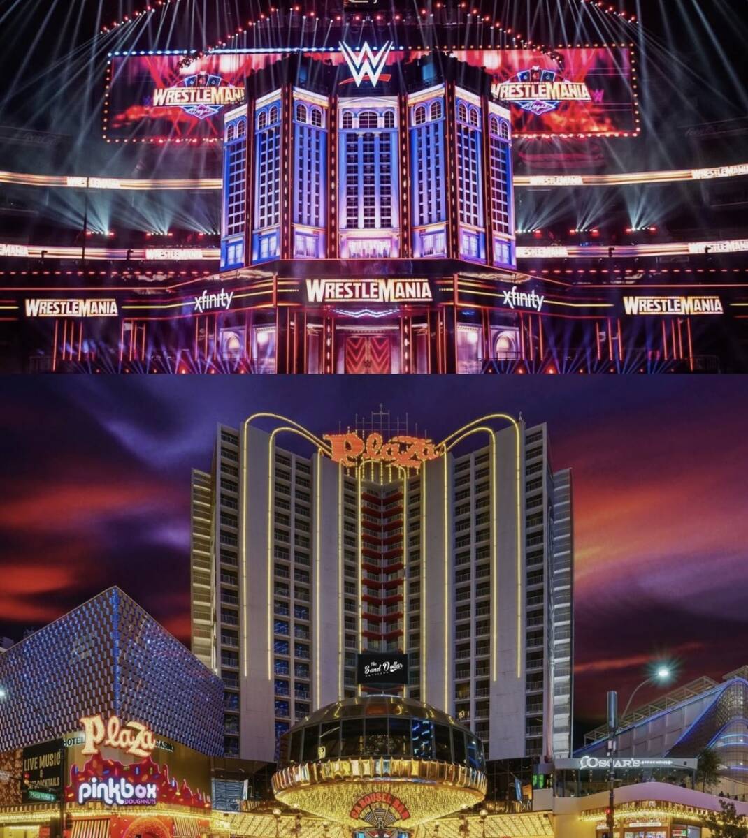 The stage for Wrestemania 41 at Allegiant Stadium is shown atop an image of the Plaza hotel-cas ...