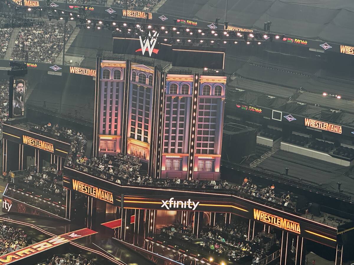 The stage for Wrestemania 41 at Allegiant Stadium on Saturday, April 19, 2025 (John Katsilomete ...