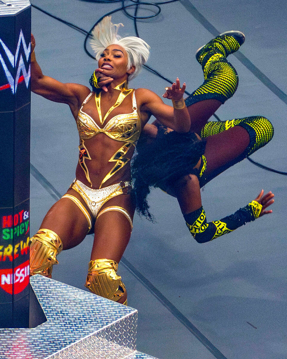 Jade Cargill is grabbed from behind by Naomi during their match at WrestleMania 41 at Allegiant ...