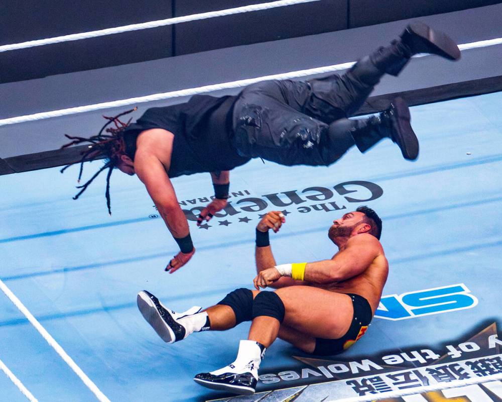 Jacob Fatu flips over to land atop of LA Knight in their United States Championship match durin ...