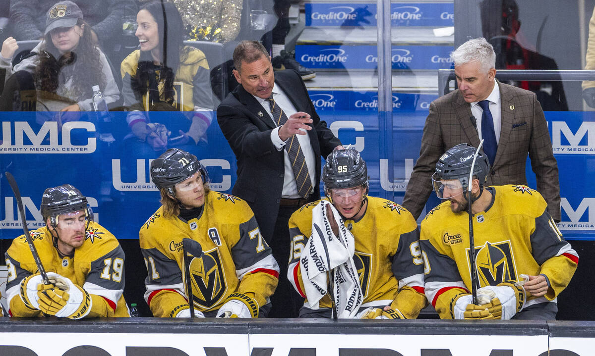 Golden Knights head coach Bruce Cassidy instructs his players against the Minnesota Wild during ...