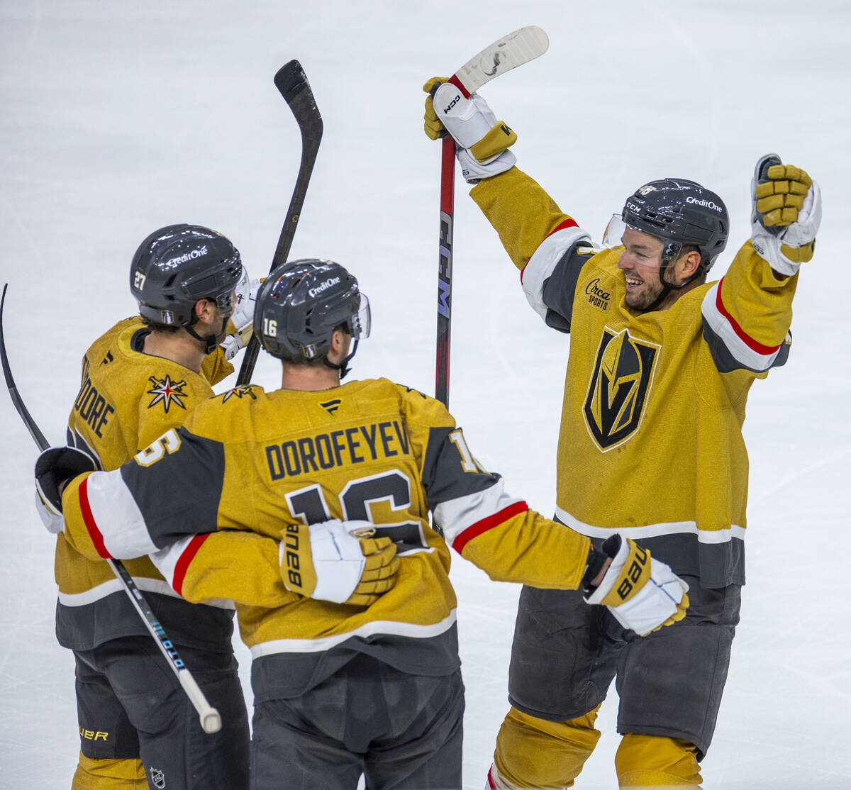 The Golden Knights celebrate a score against the Minnesota Wild during the first period of game ...