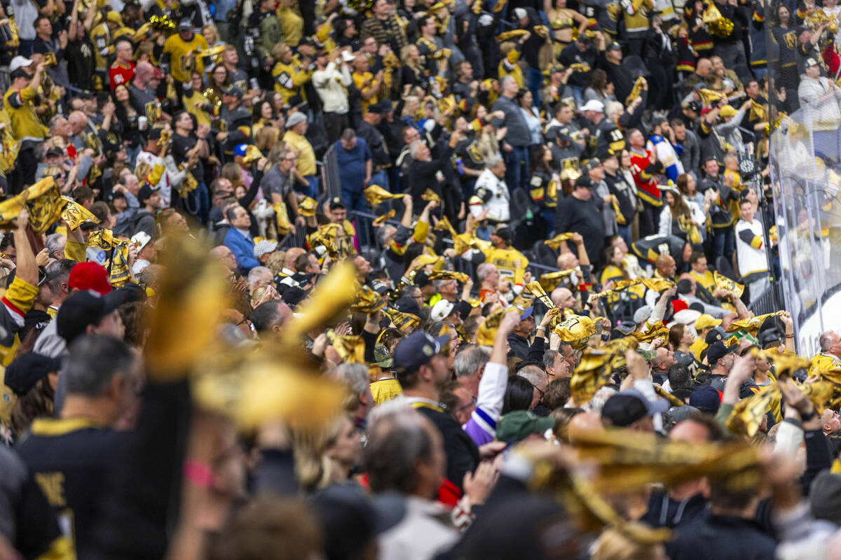 Golden Knights fans celebrate a goal against the Minnesota Wild during the third period of game ...