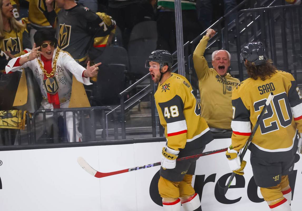 Golden Knights center Tomas Hertl (48) celebrates his goal against the Minnesota Wild during th ...