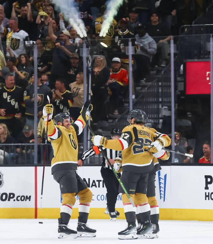 The Golden Knights celebrate a goal by Golden Knights left wing Pavel Dorofeyev during the seco ...