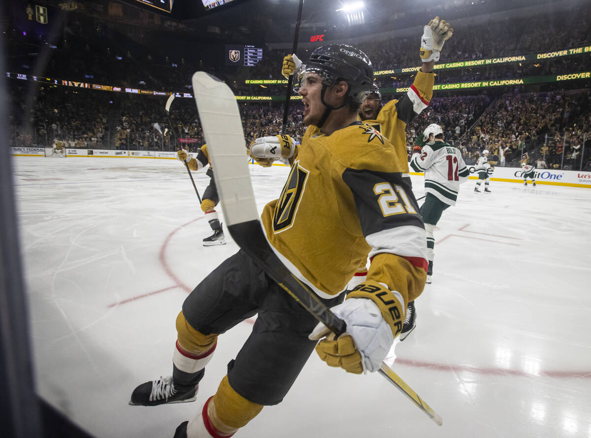 Golden Knights center Brett Howden (21) celebrates his goal against the Minnesota Wild during t ...