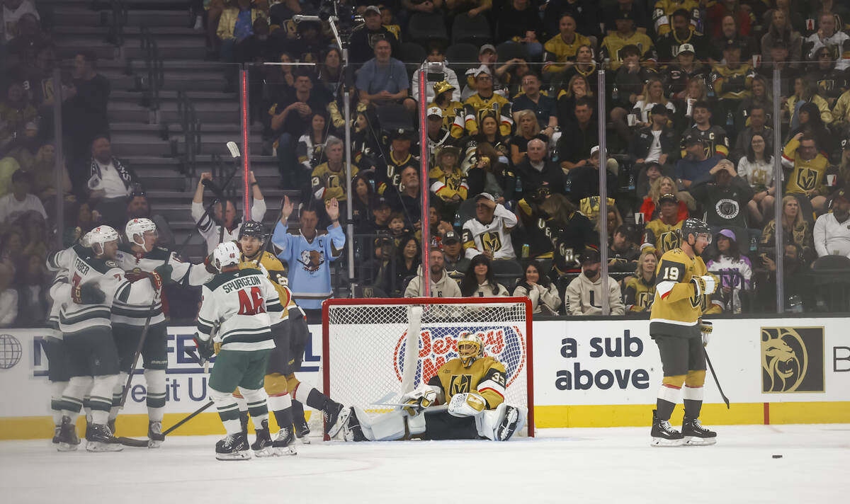 Golden Knights goaltender Adin Hill (33) gives up a goal to the Minnesota Wild during the third ...