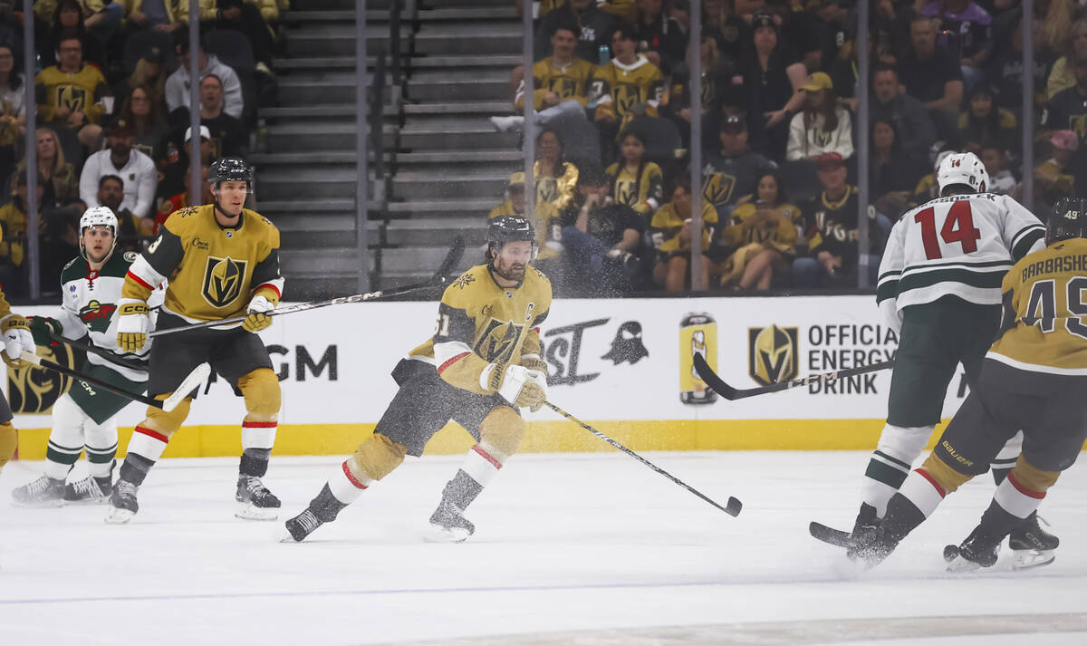 Golden Knights right wing Mark Stone (61) skates after the puck during the third period of thei ...