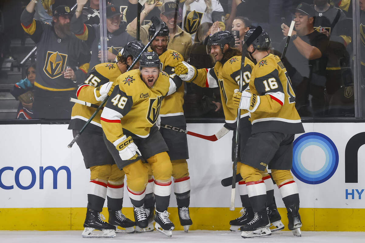 Golden Knights center Tomas Hertl (48) celebrates his goal against the Minnesota Wild with team ...