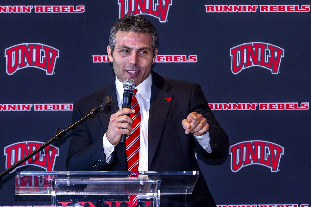 New UNLV men's basketball coach Josh Pastner thanks his family as he speaks during and introduc ...