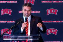 New UNLV men's basketball coach Josh Pastner thanks his family as he speaks during and introduc ...