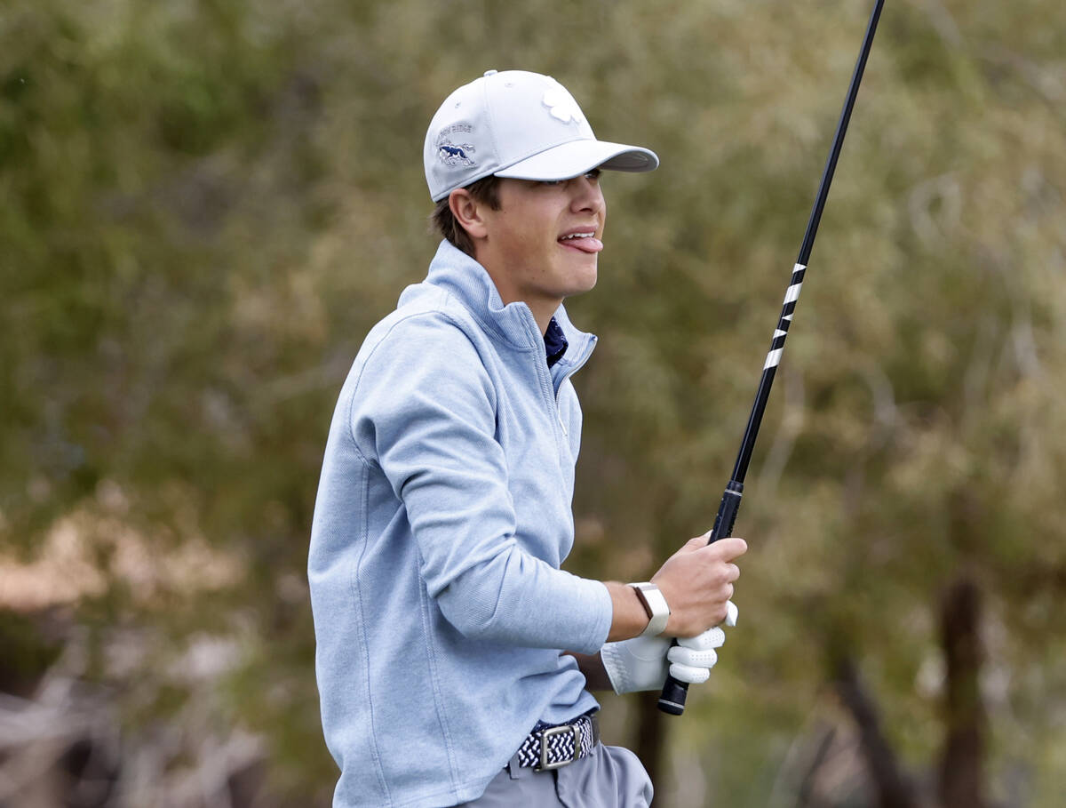 Shadow Ridge's Bridger Johnson watches his drive as he tees off on the tenth during Class 5A bo ...