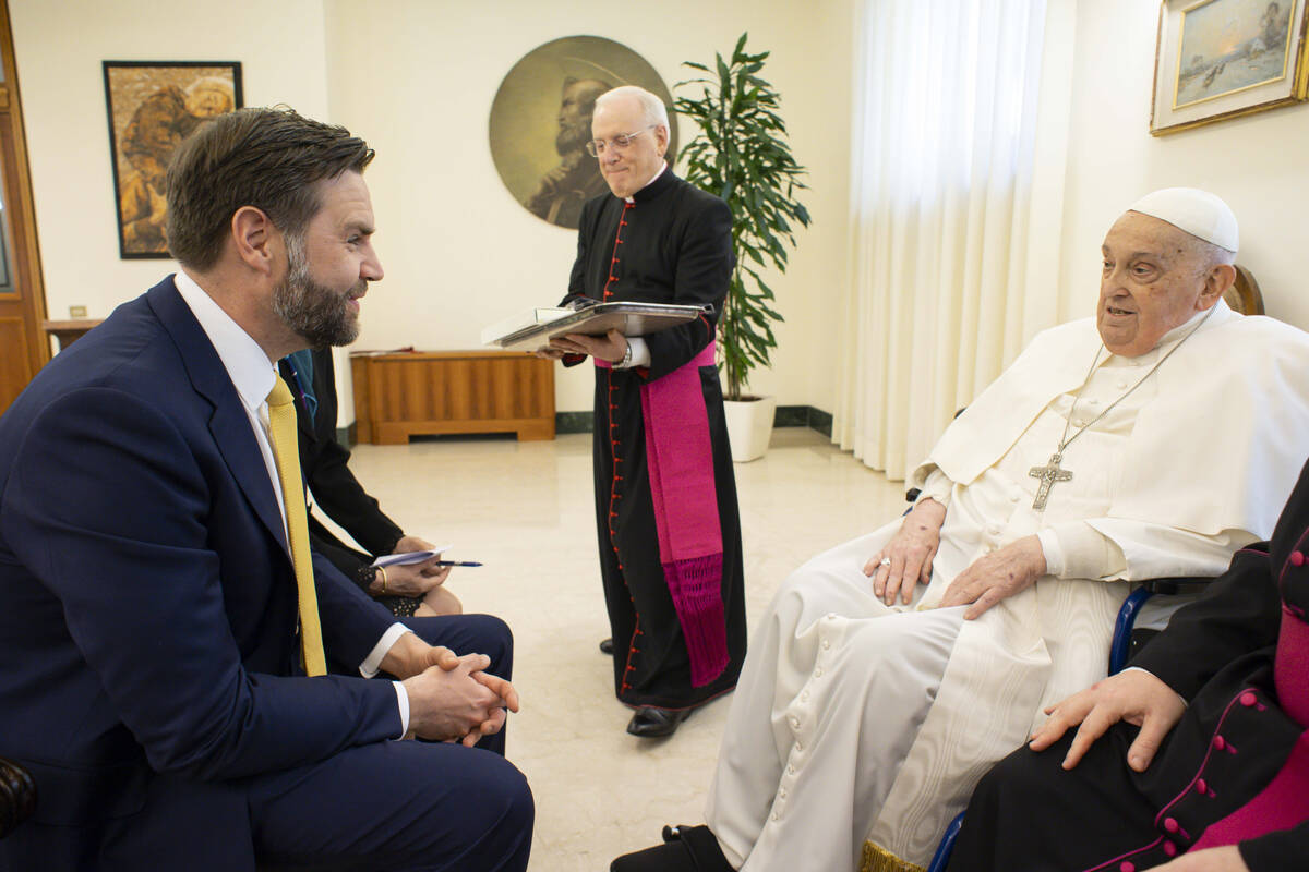 Pope Francis receives U.S. Vice President JD Vance, left, before bestowing the Urbi et Orbi (La ...