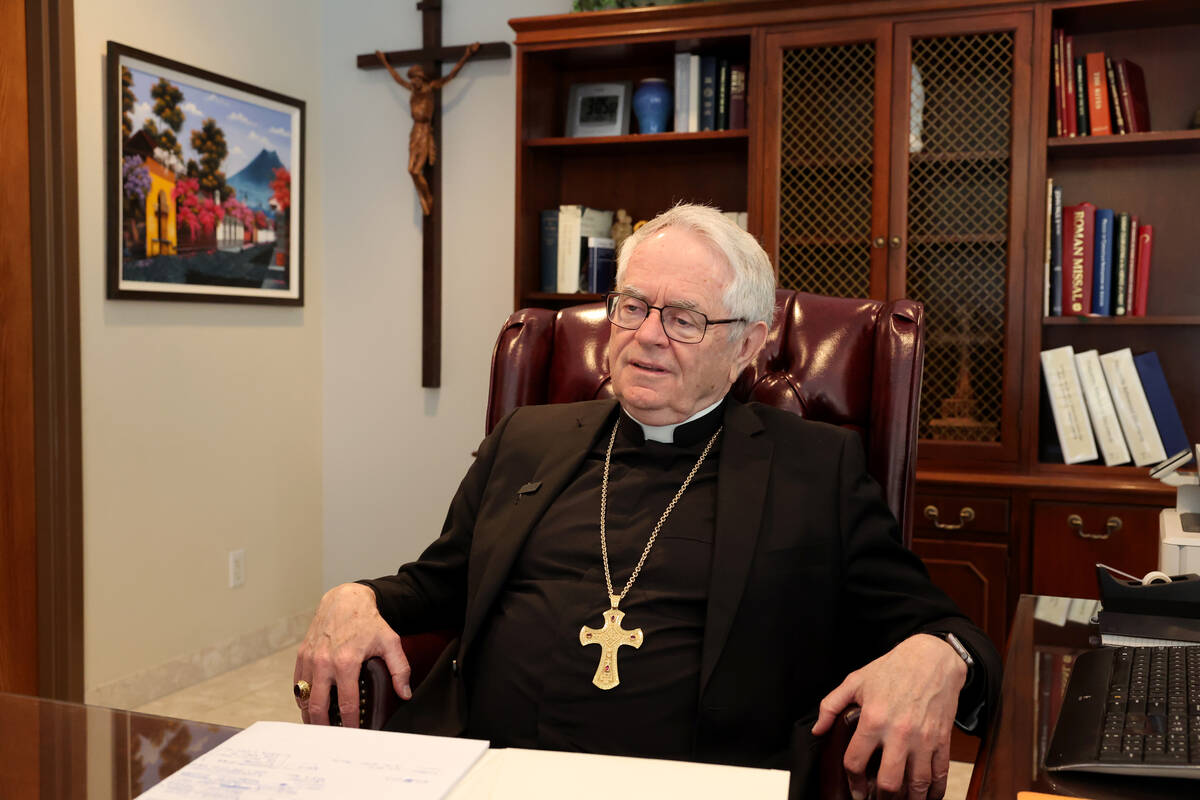 Archbishop George Leo Thomas to a reporter at his office in Las Vegas Monday, April 21, 2025, a ...