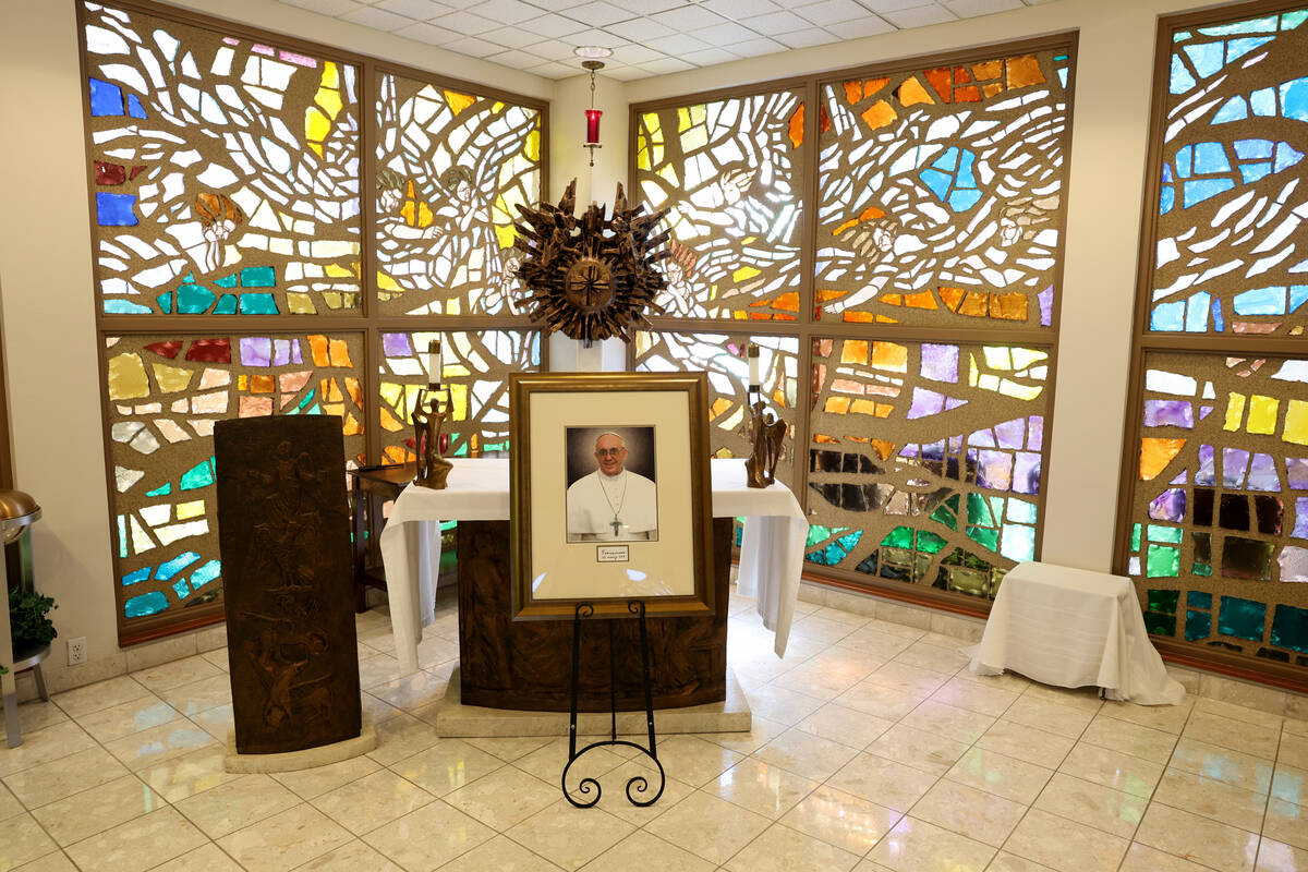 A photo of Pope Francis, who died at the age of 88, is shown at The Roman Catholic Archdiocese ...