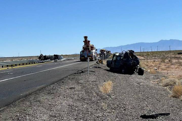 In this image shared by the Clark County Fire Department on social media, crews respond to a cr ...
