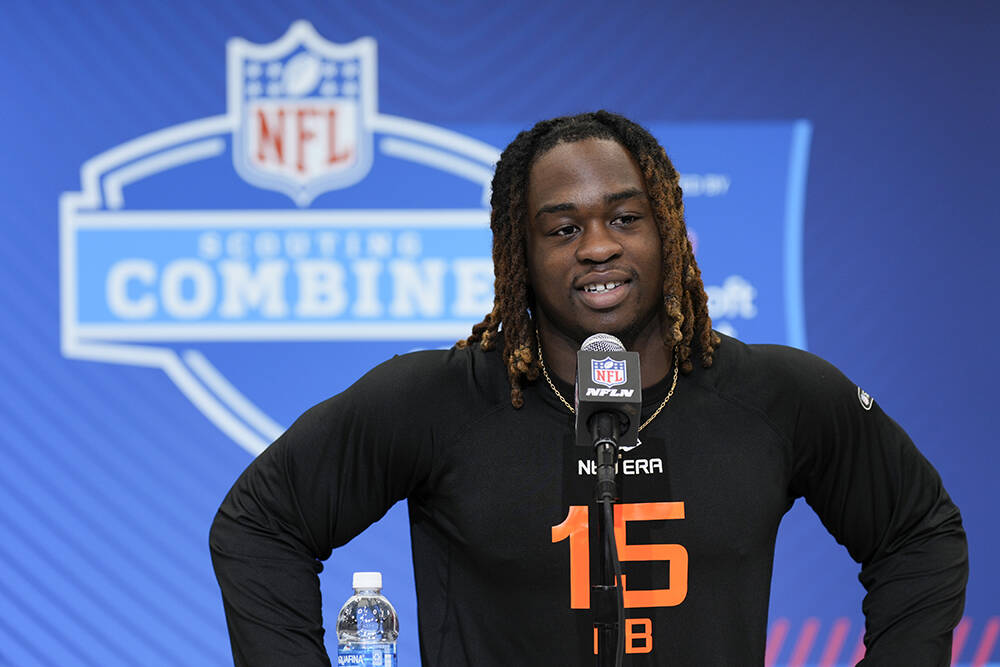 Boise State running back Ashton Jeanty speaks during a press conference at the NFL football sco ...