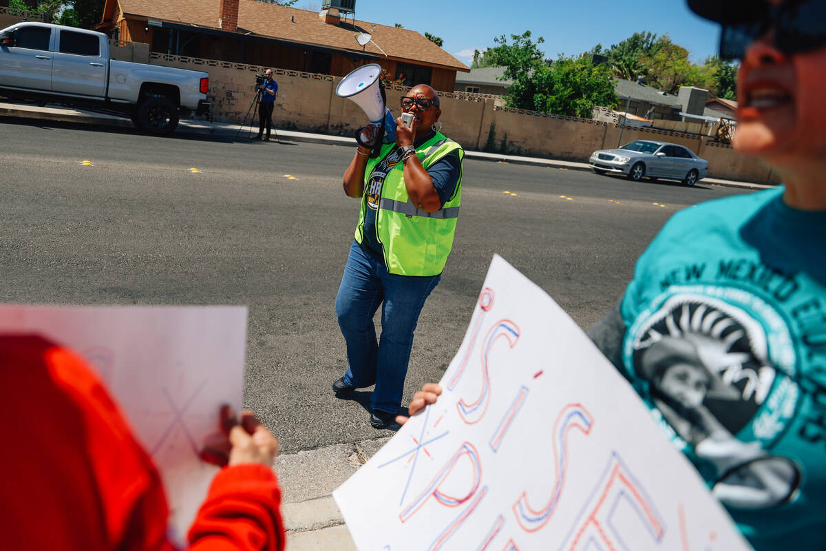 Students and faculty protest at Chaparral High School Friday, April 25, 2025, in Las Vegas. (Ma ...