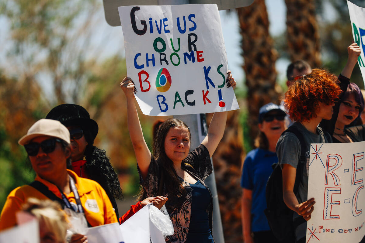 Students and faculty protest at Chaparral High School Friday, April 25, 2025, in Las Vegas. (Ma ...