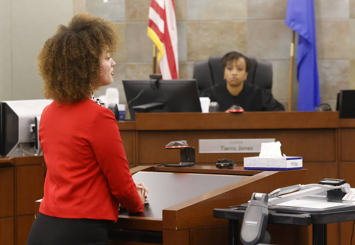 District Judge Tierra Jones listens as Anna Westby, who survived the attack after being stabbed ...