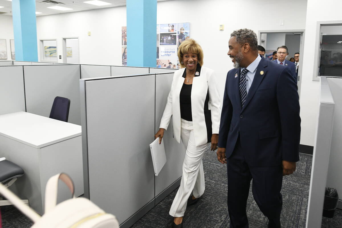 North Las Vegas Mayor Pamela Goynes-Brown walks with Rep. Steven Horsford, D-Nev., during the g ...