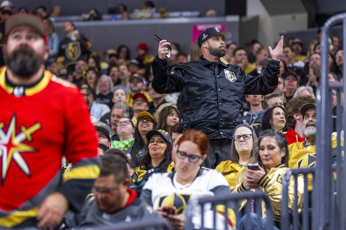 Golden Knights fans are dismayed as the third goal is score by the Minnesota Wild during the fi ...